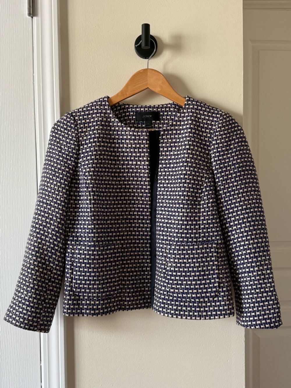J. Crew Purple, Silver, and White Tweed Collarless Blazer and Skirt Set